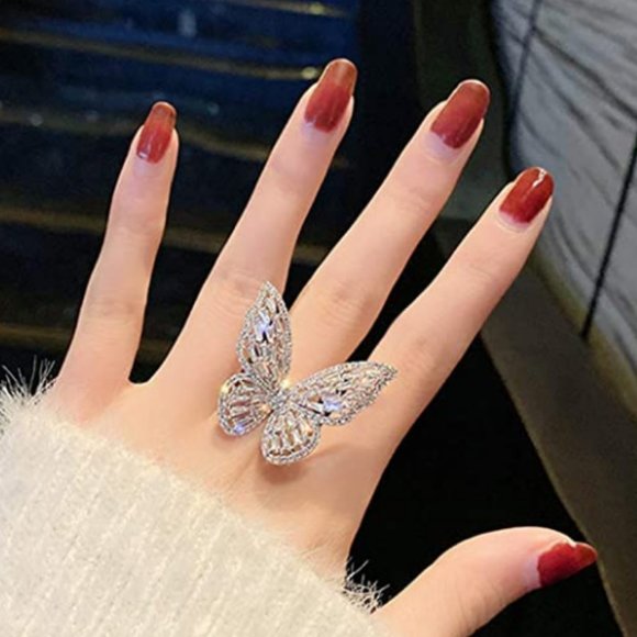 18K White Gold CZ Diamond Butterfly Adjustable Ring - Picture 2 of 3